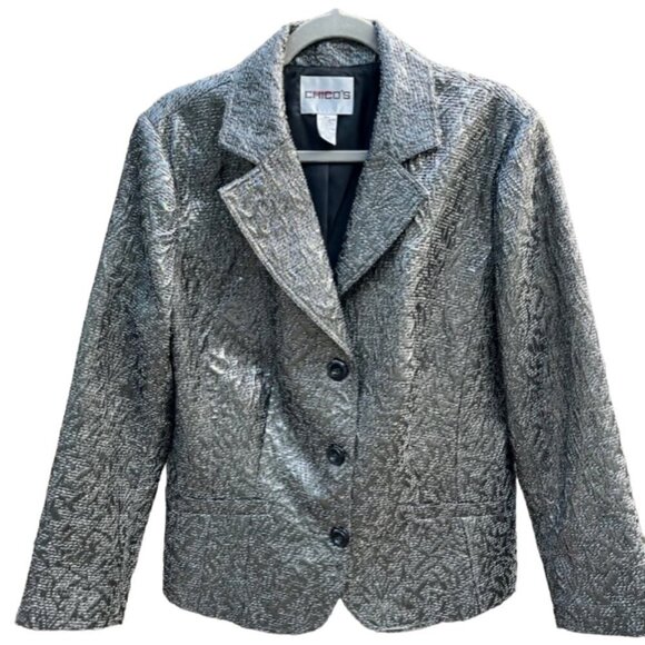 Chico's Women's Coletta Silver Metallic 3 Button Blazer Jacket Size 3 Plus16 - Picture 2 of 14